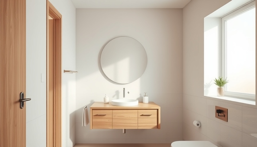 Elegant small bathroom design with wooden vanity and soft lighting.