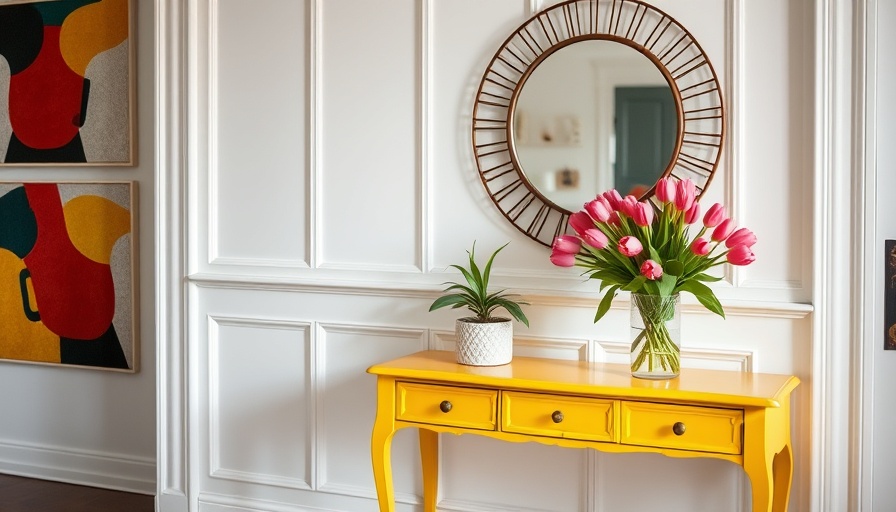 Bright yellow console table with tulips in a stylish home space.