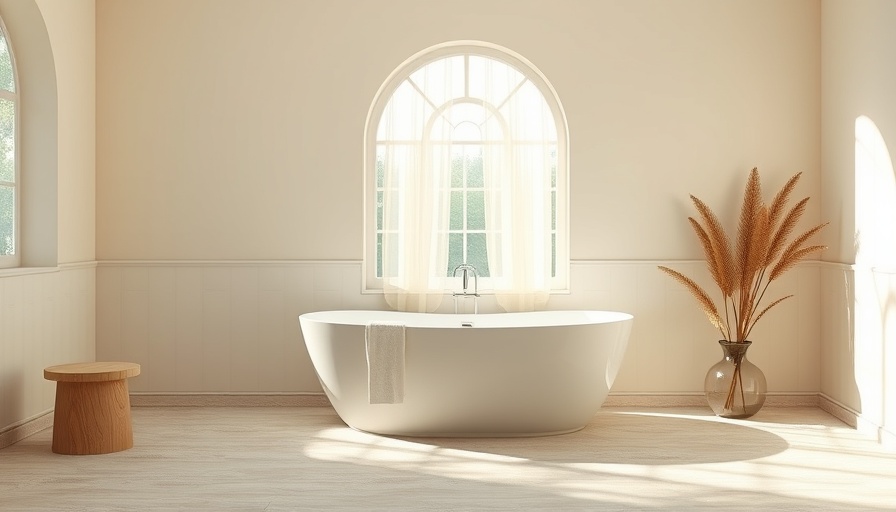 Organic bathroom design with large bathtub and arch window.