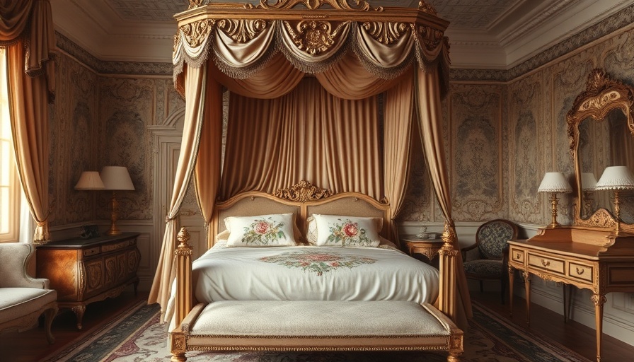 Luxurious bedroom with silk sheets on ornate canopy bed, 2025.