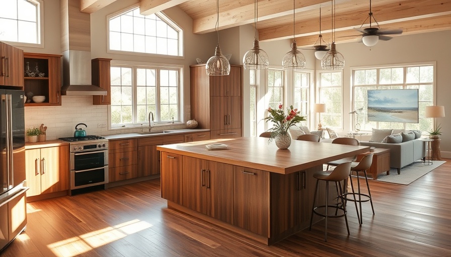 Bright and open kitchen with a warm walnut island and modern fixtures.