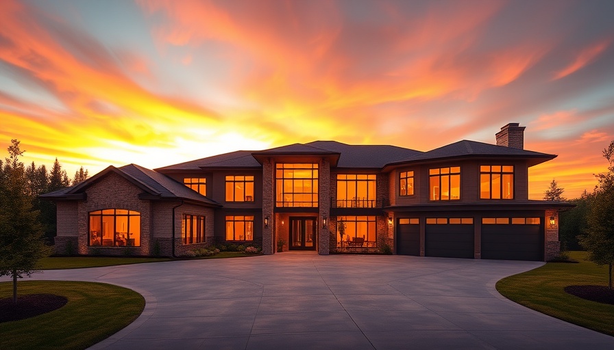 Custom home design on Lake Minnetonka with sunset backdrop.