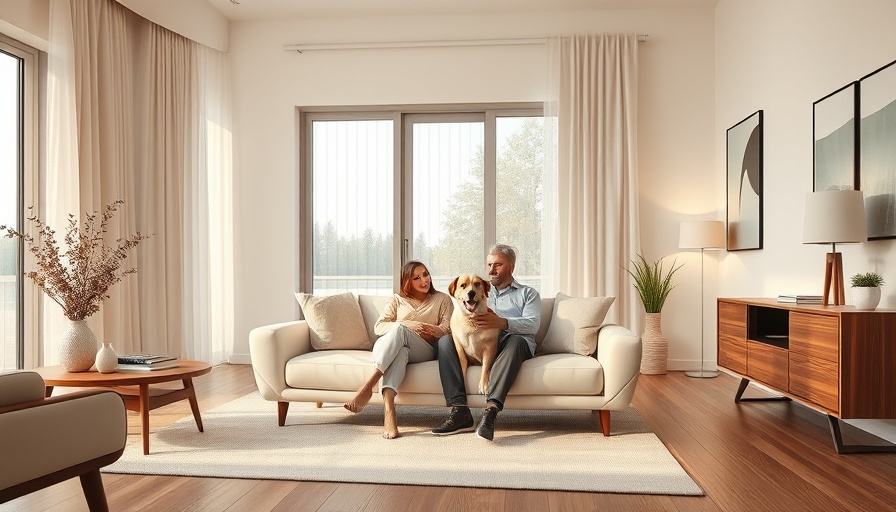 Cozy modern living room with couple and dog in Carmel Pebble Beach Custom Homes.
