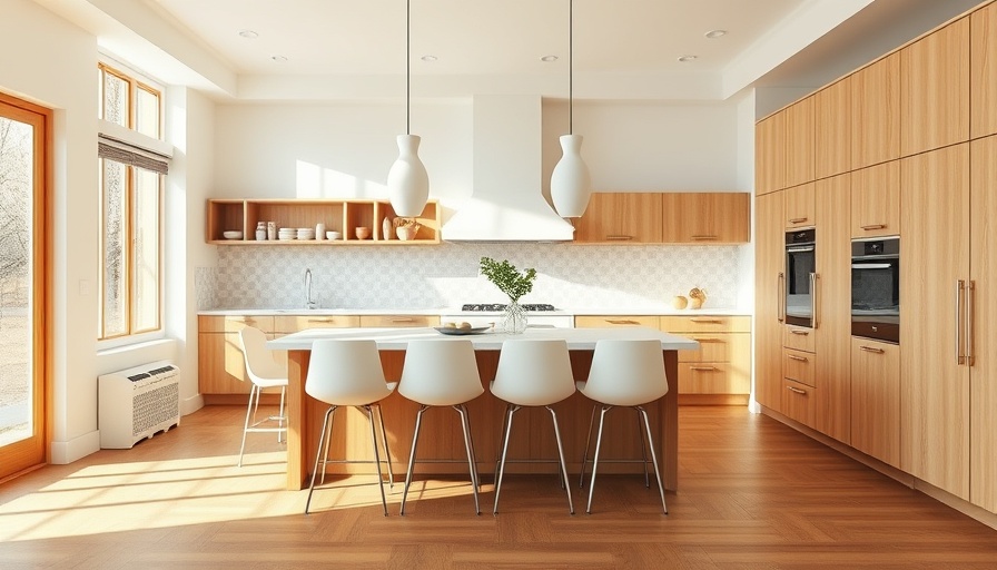 Warm white-and-wood kitchen design with modern elements and ample lighting.