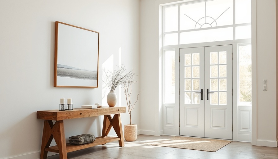 Minimalist front entryway with modern decor and glass door.