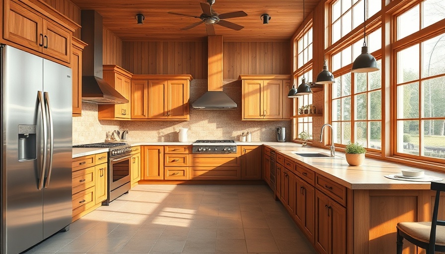 Spacious wooden kitchen design with stainless steel appliances.