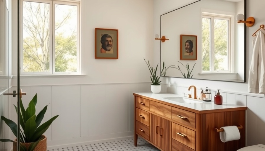 Midcentury Modern Bathroom Design with wooden vanity and neutral decor.