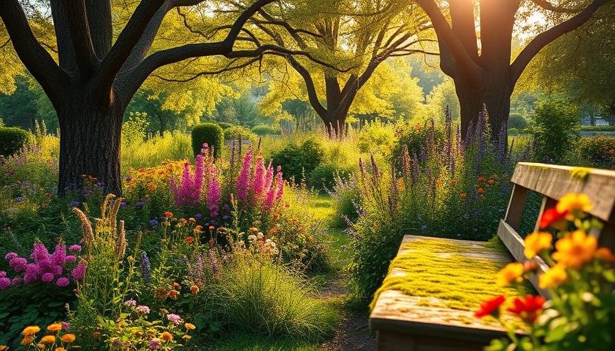 Earth-friendly gardening scene with wildflowers and trees.
