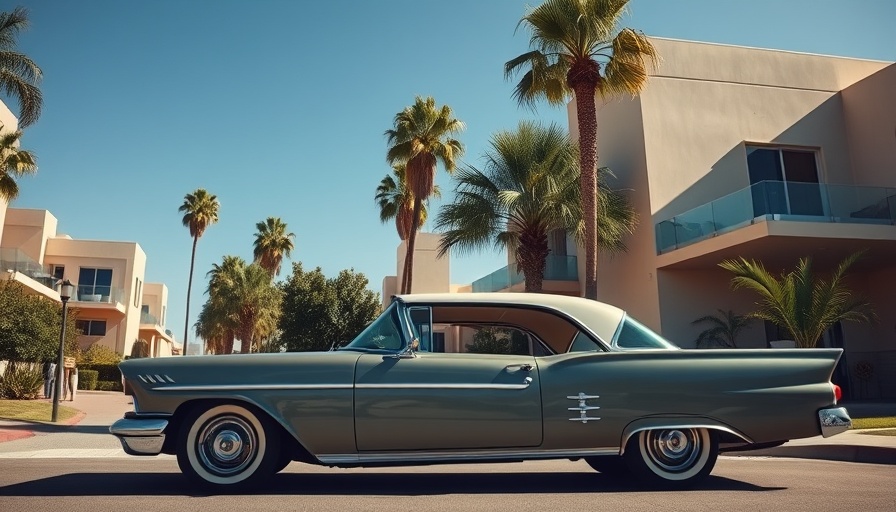 Classic car in iconic modernist neighborhood with palm trees.