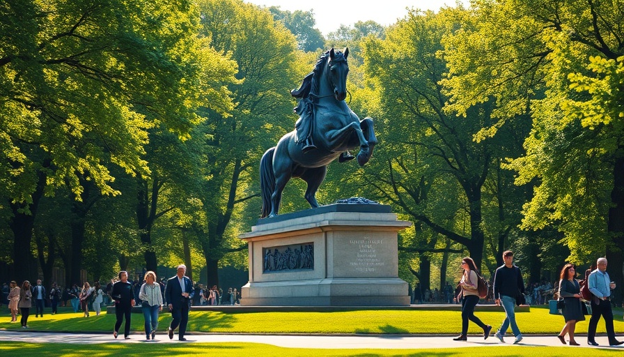 Foster + Partners Queen Elizabeth II Memorial statue in scenic park with visitors.