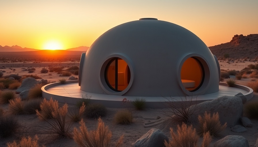 Contemporary domed home design in California desert at sunset.