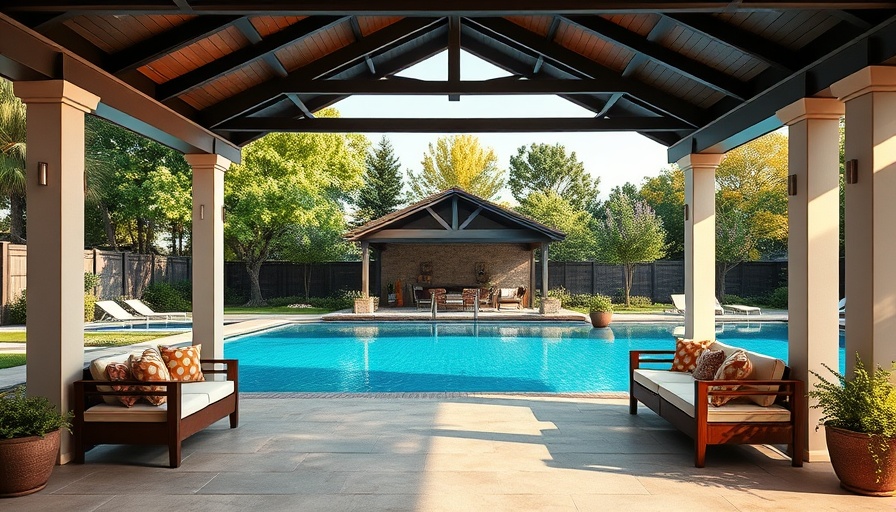 Outdoor pavilions for savoring summer by the poolside, tranquil setting.