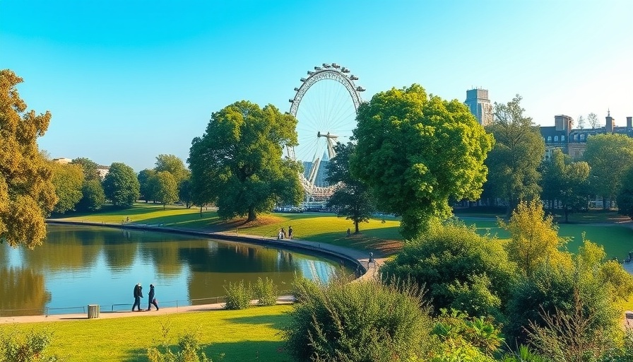 Serene park with pond and London Eye, timber design in architecture atmosphere.