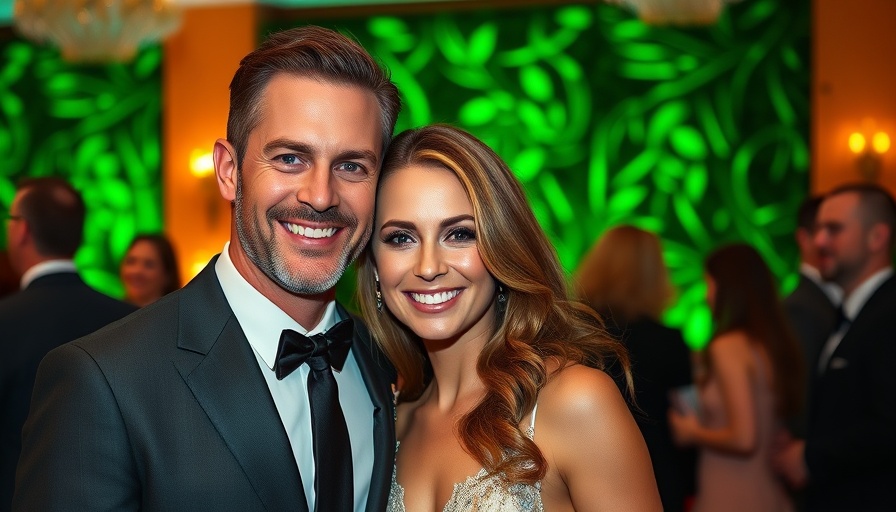 Elegant couple at event amid Beverly Hills home sale buzz.