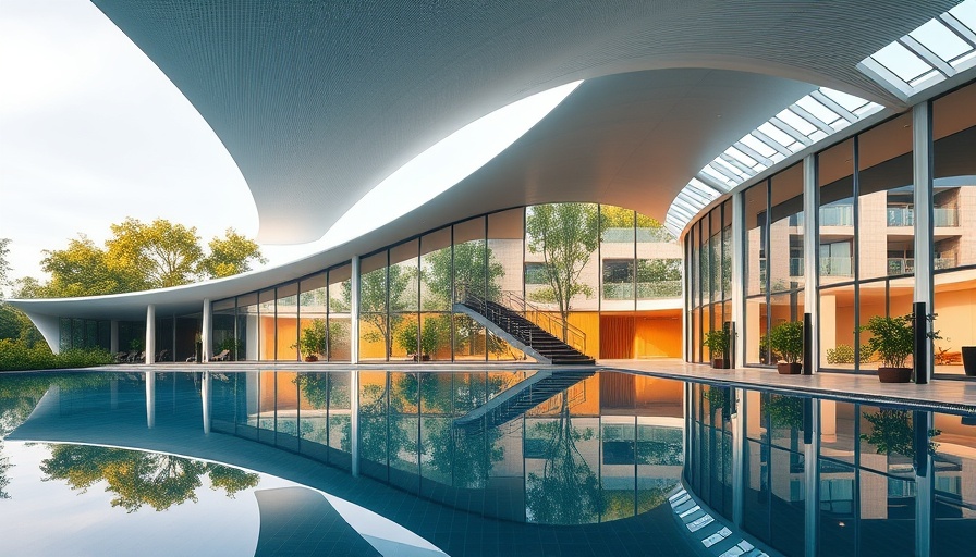 Flood-responsive leisure centre with sweeping roof seen through large windows.