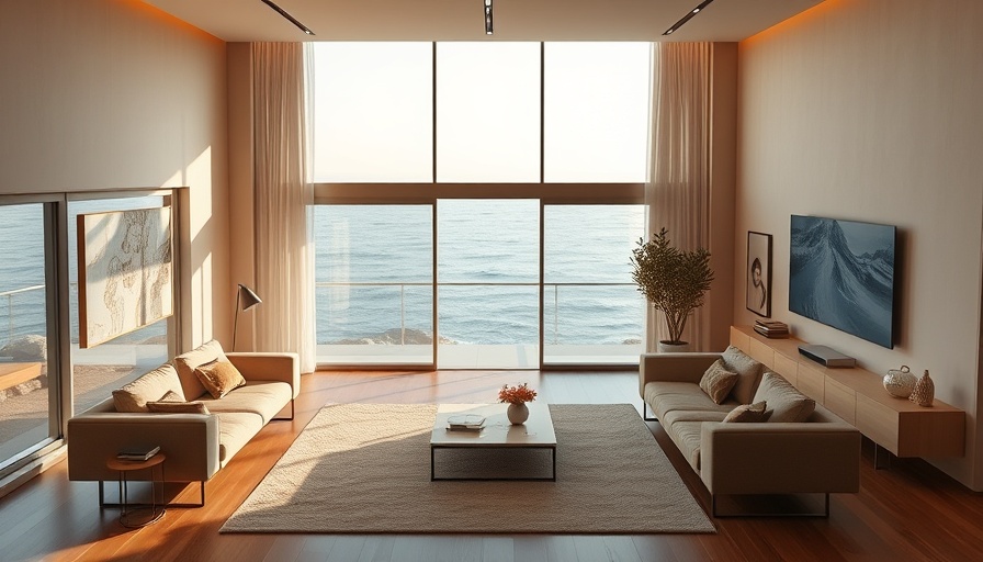Elegant modern living room with ocean view, sustainable design.
