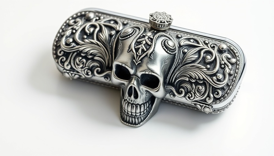 Luxury fashion brands critique, ornate silver skull clutch with emblem.