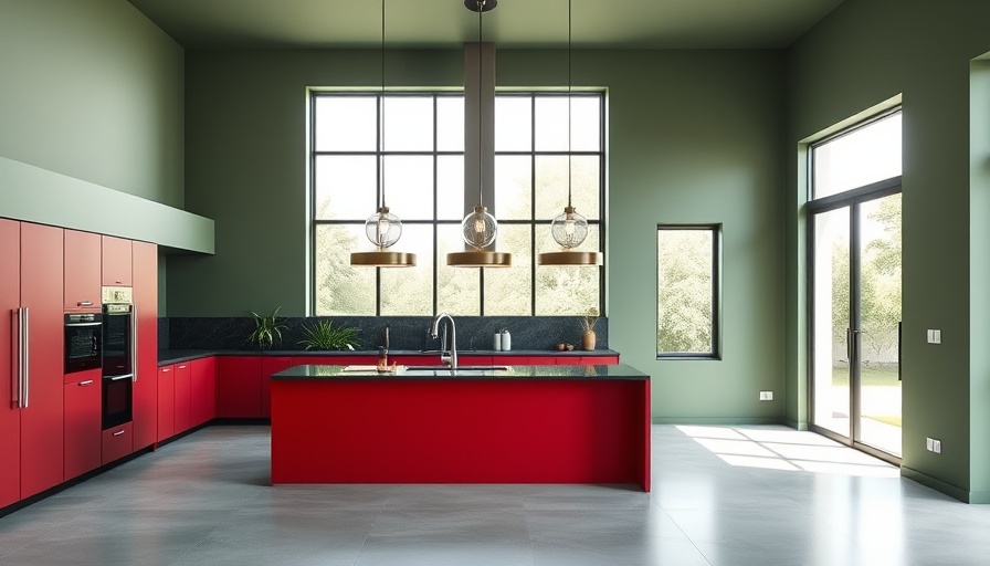 Contemporary Australian architecture: modern green and red kitchen interior.