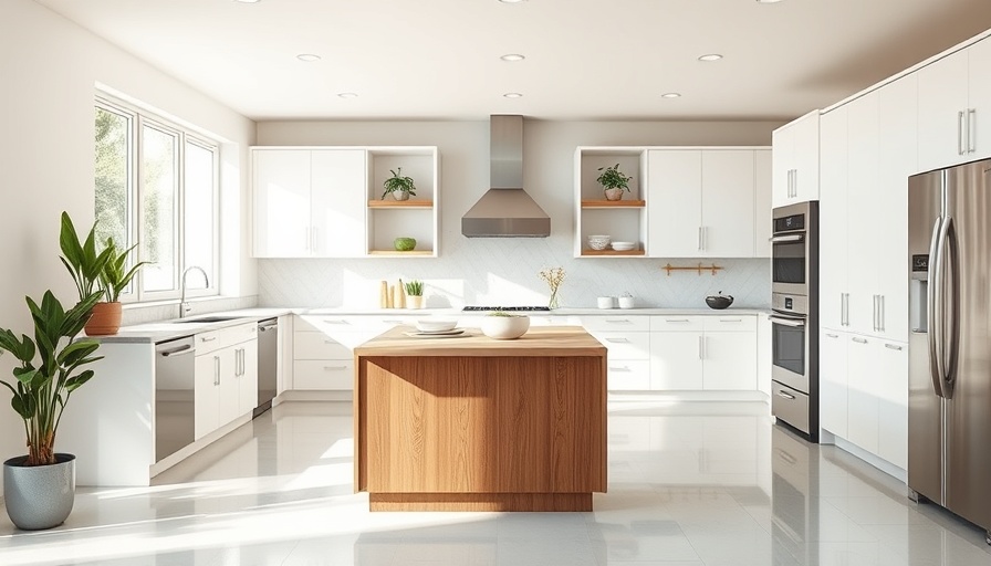 Modern open floor plan kitchen remodel with white cabinets and wooden island.