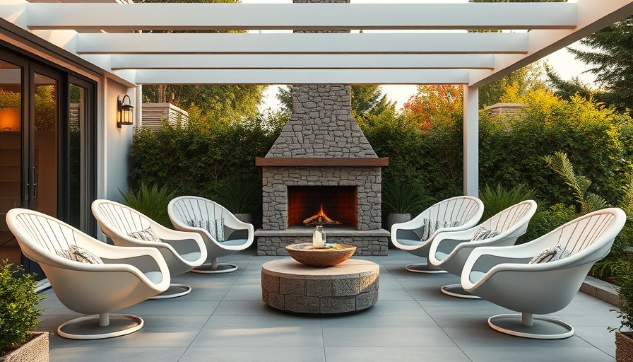 Trendy outdoor living space with fireplace and modern seating.