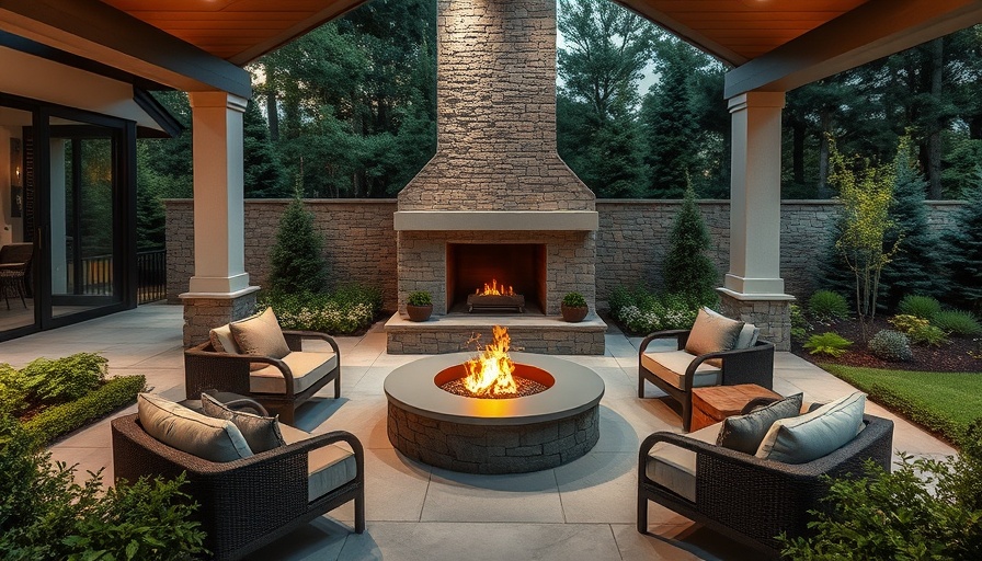 Modern outdoor living spaces with stone fireplace and seating area.