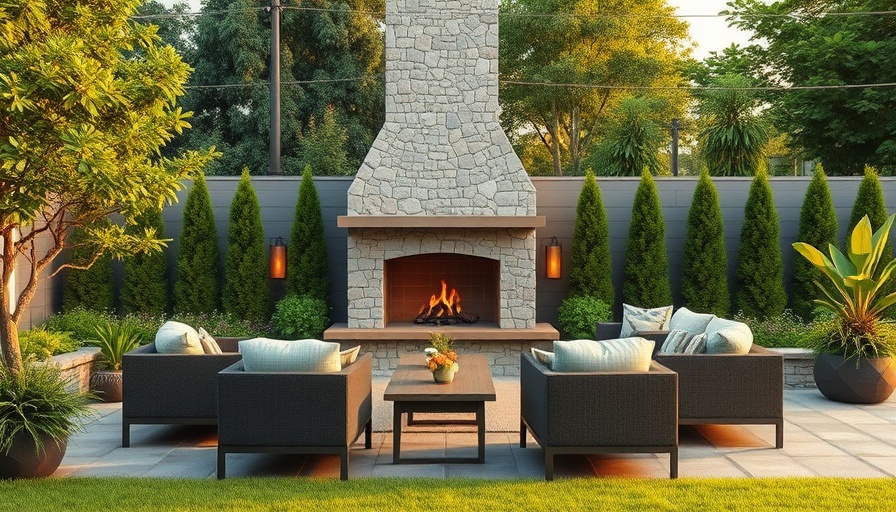 Elegant new outdoor living space with stone fireplace and seating.