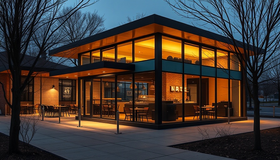 B131 Café architecture exterior at twilight with sleek design.