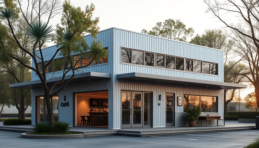 Modern café with sleek metal design, glass windows; B131 Café design inspiration.