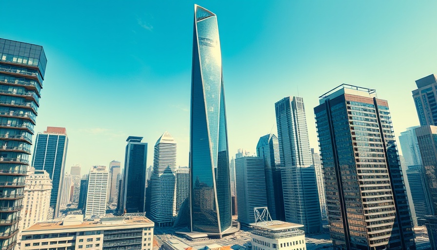 Futuristic skyscraper in cityscape, showcasing modern health-driven design products.