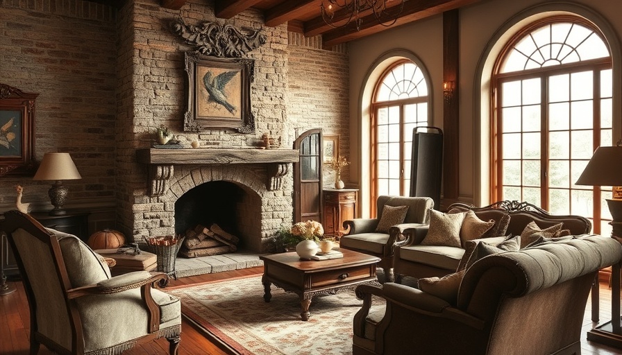 Rustic living room with custom stone fireplace and vintage decor.