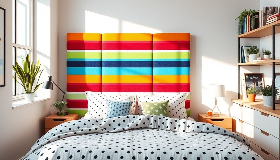 Vibrant striped designer headboard in a modern bedroom.