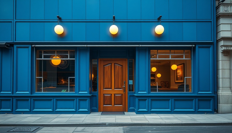 Modern urban cabin restaurant design with blue facade and warm lights.