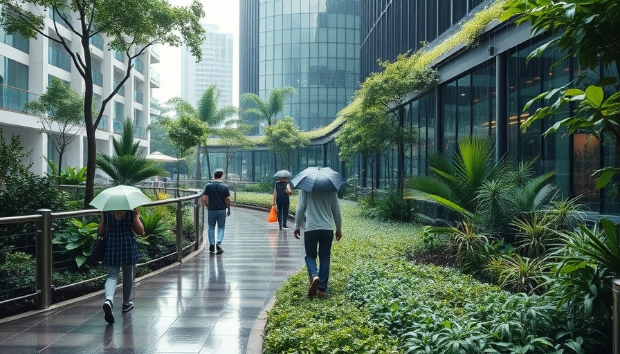 Modern sustainable garden design under rain in urban setting.