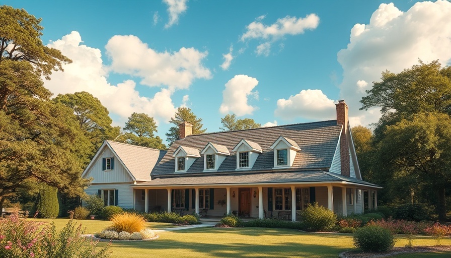 Renovated country home with lush garden on a sunny day.