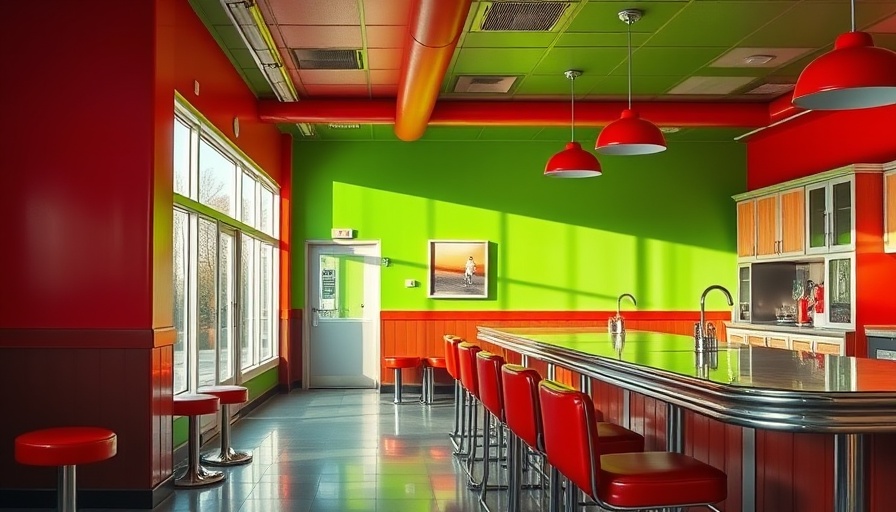 Retro diner with vibrant decor and colorful design.