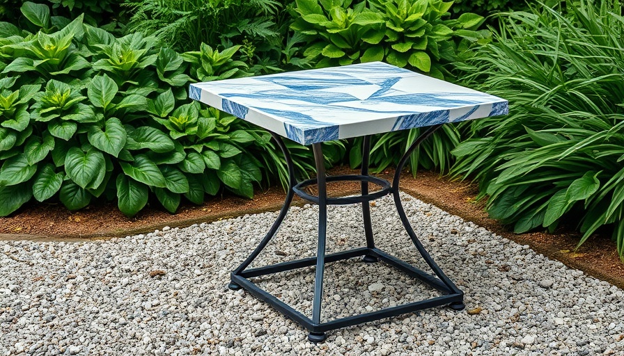 Square table with marbled blue oyster shell tiles, garden setting.