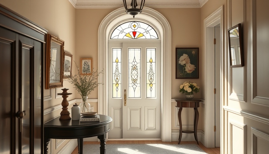 Sensitively renovated waterfront home hallway with stained glass door.