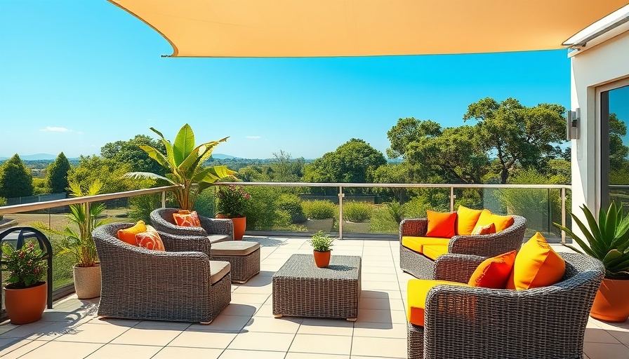 Spacious rooftop patio with stylish furniture surrounded by greenery.