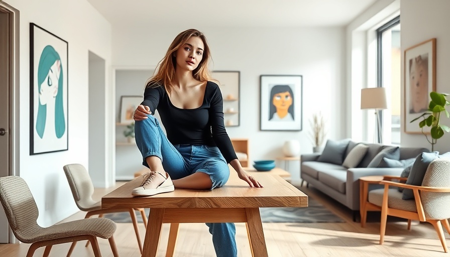 Modern interior with artwork and relaxed woman in chic attire.