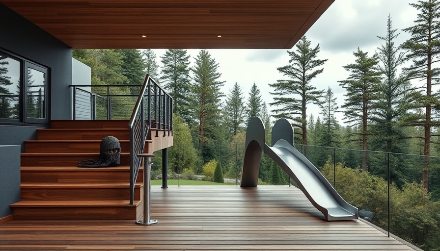 Modern deck with slide feature and wooden stairs
