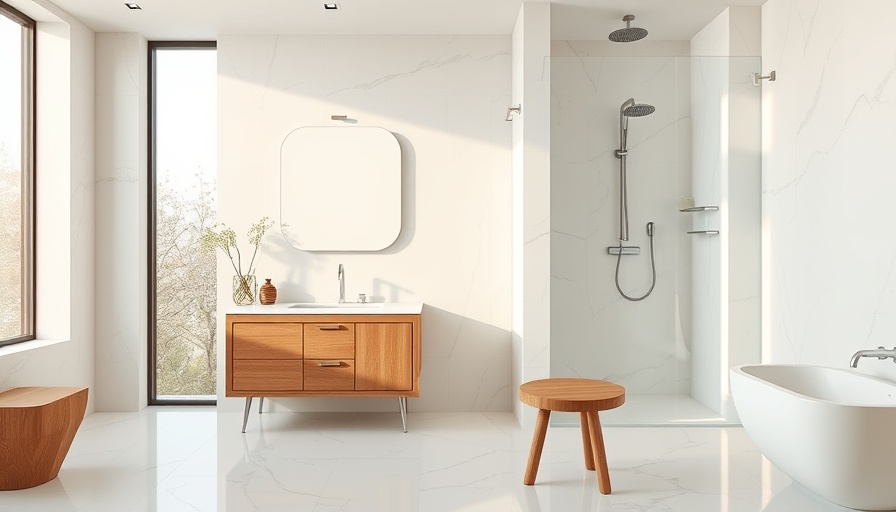 Elegant bathroom with curbless shower and wood accents.