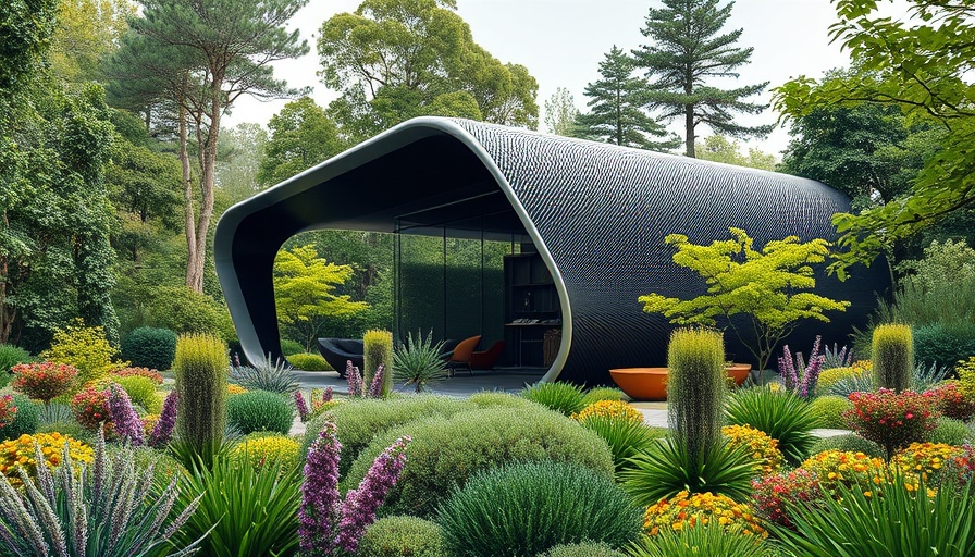 Futuristic carbon garden pavilion in vibrant natural setting.
