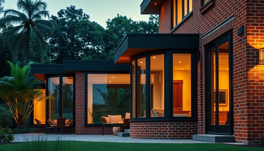 Arts and Crafts-style brick extensions captured at sunset.