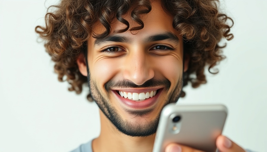 Smiling man with curly hair holding smartphone, luxury living in Palo Alto.