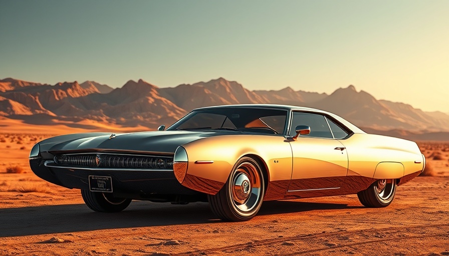 Futuristic Buick Electra Orbit electric vehicle in a desert setting.