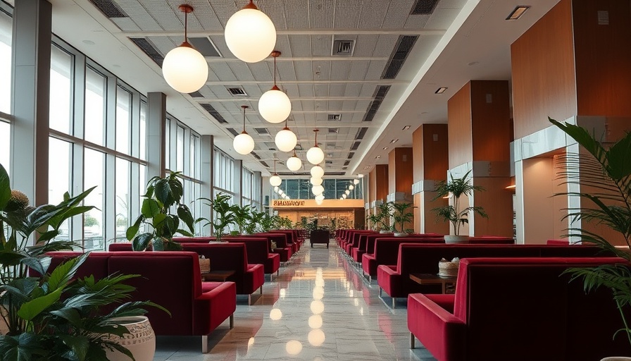 Garden oasis airport lounge design with greenery and seating.