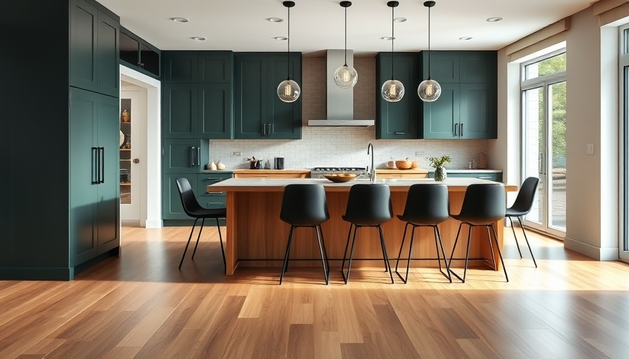Stylish Kitchen Islands in a contemporary setting with dark green cabinetry.