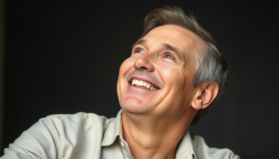 Smiling man in light shirt, relaxed, blurred background.