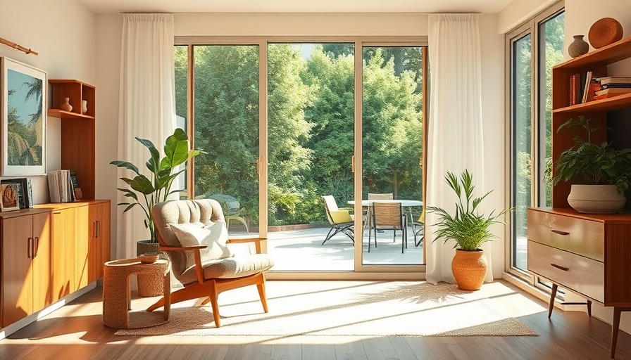 Mid-century modern room in Apple House with garden view, warm sunlight.