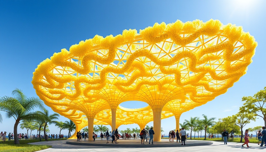Iowa algae-based pavilion design in an outdoor setting with people.